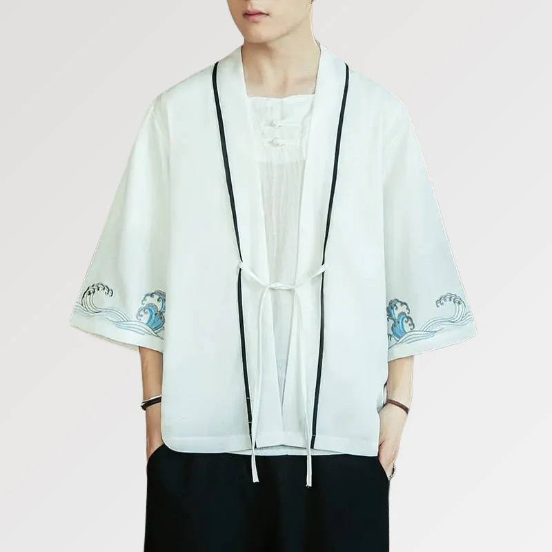 Veste Kimono Blanche 'Vague Kanagawa'