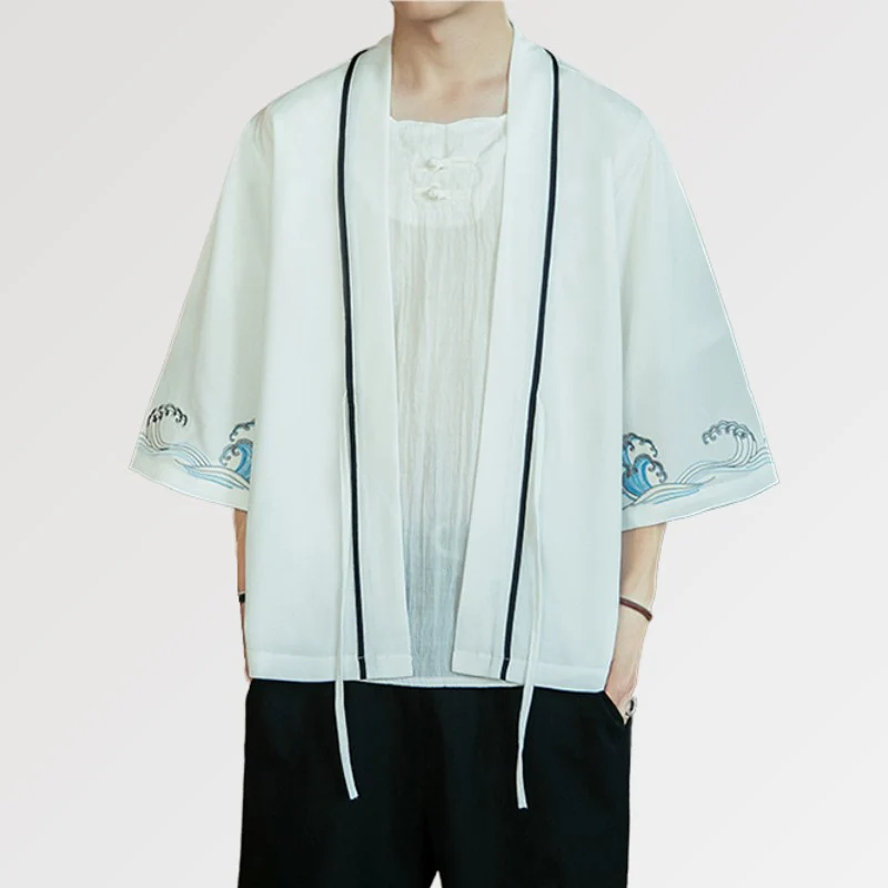 Veste Kimono Blanche 'Vague Kanagawa' - Image 3