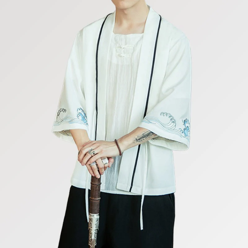 Veste Kimono Blanche 'Vague Kanagawa' - Image 4
