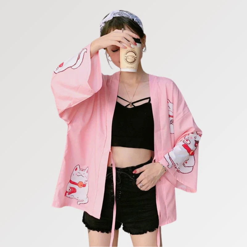 Veste Kimono Femme Rose 'Maneki Neko' - Image 3